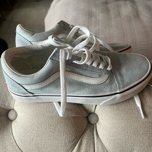 Vans Old Skool Sneakers in Light Green (blue) & White with Red Heel Logo